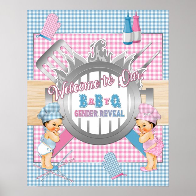 Poster Gênero Revela Azul Cor-de-rosa Gingham Baby Q CHUR (Frente)
