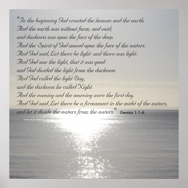 Pôster Gênesis Bíblia Citação Cristã Criação do Mar Poste (Frente)