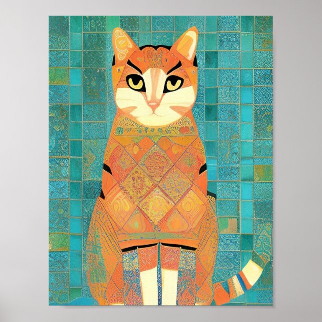 Poster Gengibre de mosaico de gato em fundo de turquesa (Frente)