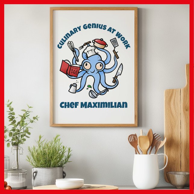 Poster Gênio Culinário no Trabalho Polvo do Chef de Carto (Culinary genius cartoon octopus on kitchen wall)