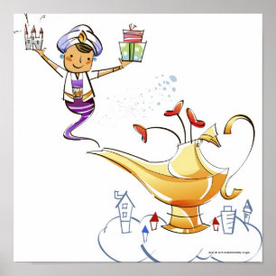 Pôster Génios que trazem uma casa e presentes de uma