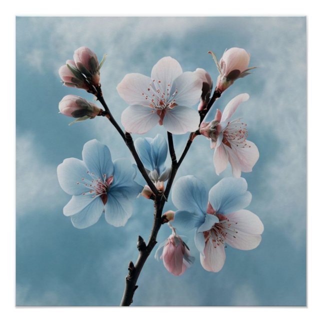 Pôster Gentil Azul Botânico: Design Floral Minimalista (Frente)