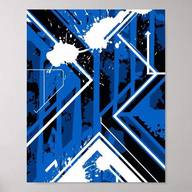 Poster Geometria Azul Dinâmica com Salpicos de Tinta Bran (Frente)