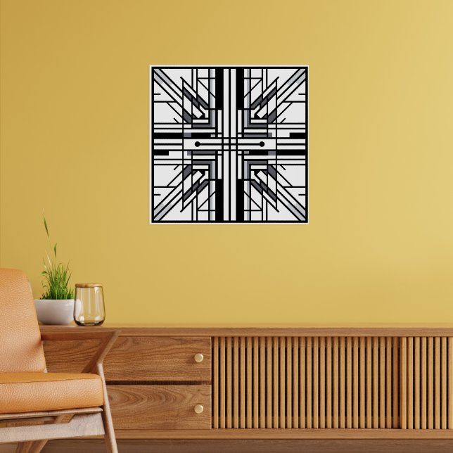 Poster Geometria da Grade Simétrica - Abstrato preto e br (Sala de Estar 2)