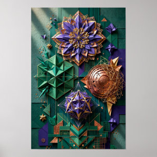 Poster Geometria de Mandala Cósmica em Relevo - Esmeralda