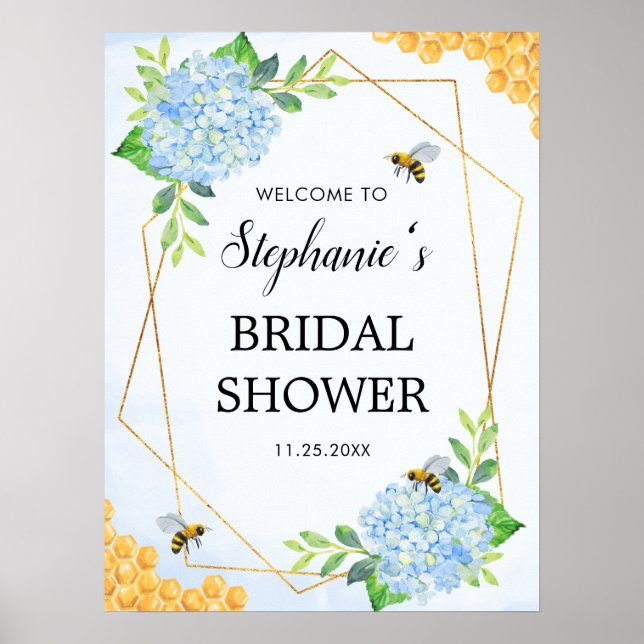 Poster Geometric Blue Hydrangea Honey Bee Bridal Shower (Frente)
