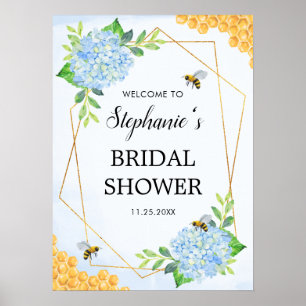 Poster Geometric Blue Hydrangea Honey Bee Bridal Shower