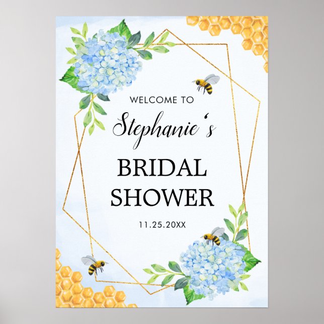 Poster Geometric Blue Hydrangea Honey Bee Bridal Shower (Frente)