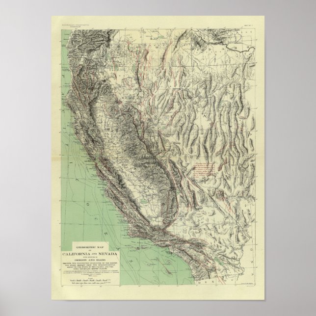 Pôster Geomorphic map, California, Nevada (Frente)