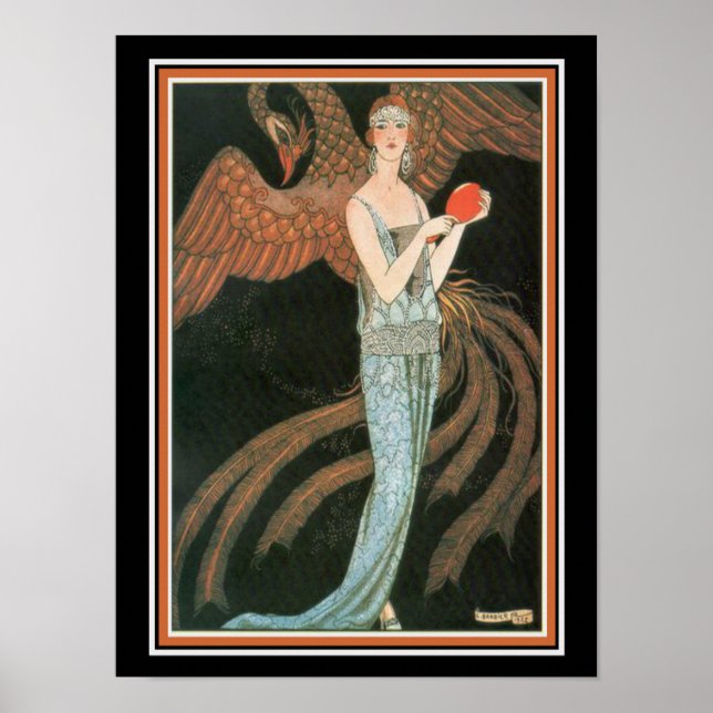 Poster George Barbier Art Deco Girl com Peacock 12 x 16 (Frente)