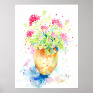 Pôster Gerânio da aguarela no pote do terracotta