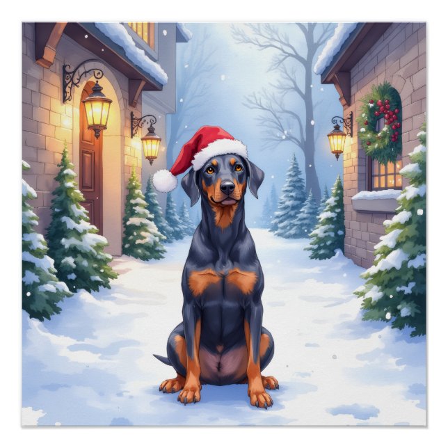 Pôster German Pinscher Snowy Courtyard Santa Hat (Frente)