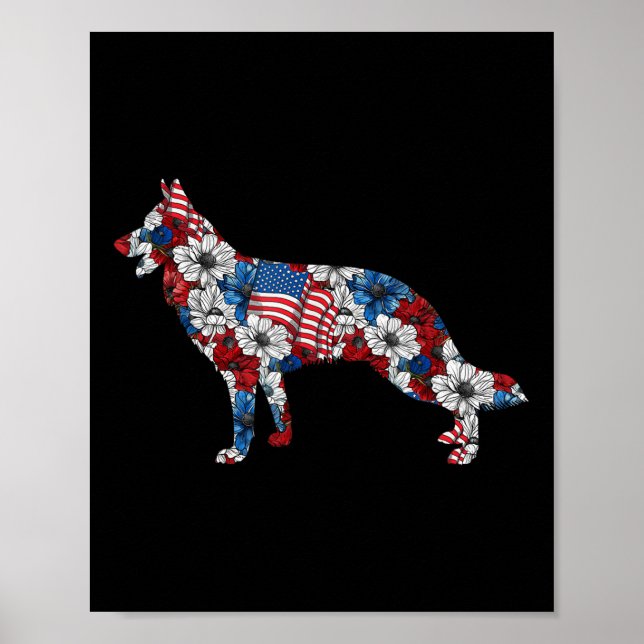 Poster German shepherd 4 De Julho Bandeira Americana Flor (Frente)