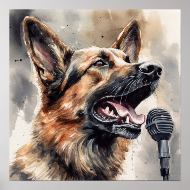 Poster German shepherd bonito cantando através do microfo (Frente)
