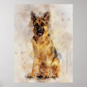 Poster German shepherd Cachorro - Retrato de Aquarela 03