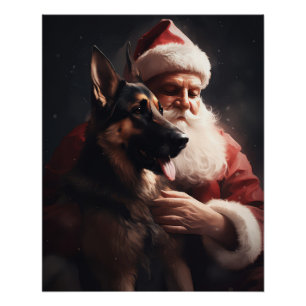 Pôster German shepherd com Papai Noel Natal Festivo
