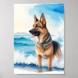 Poster German shepherd de aquarela na Praia 2