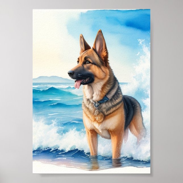 Poster German shepherd de aquarela na Praia 2 (Frente)