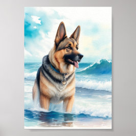 Poster German shepherd de aquarela na praia 3