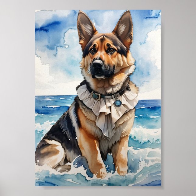 Poster German shepherd de aquarela na Praia 5 (Frente)