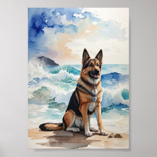 Poster German shepherd de aquarela na praia 6