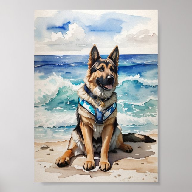 Poster German shepherd de aquarela na Praia 7 (Frente)