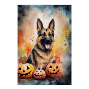 Pôster German shepherd De Halloween Com Abóboras Assustad