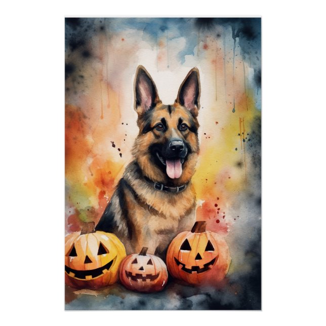 Pôster German shepherd De Halloween Com Abóboras Assustad (Frente)