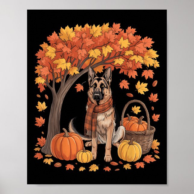 Poster German Shepherd Dog Fall Scarf Pumpkin Autumn Than (Frente)