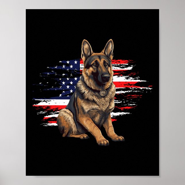 Poster German shepherd Dos Eua Bandeira 4 De Julho Pai Fa (Frente)