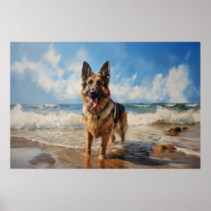 Poster German shepherd na praia