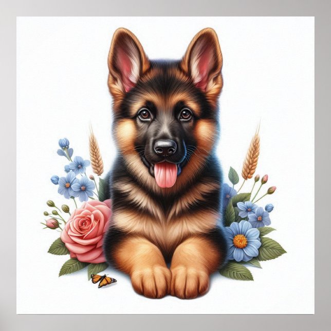 Poster German shepherd reproduzível com flores (Frente)
