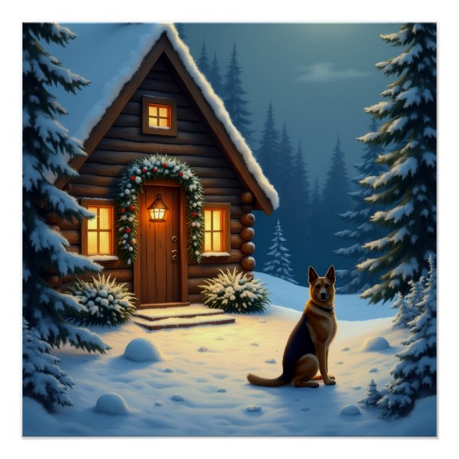 Pôster German Shepherd Snowy Forest Cabin Christmas Paint (Frente)
