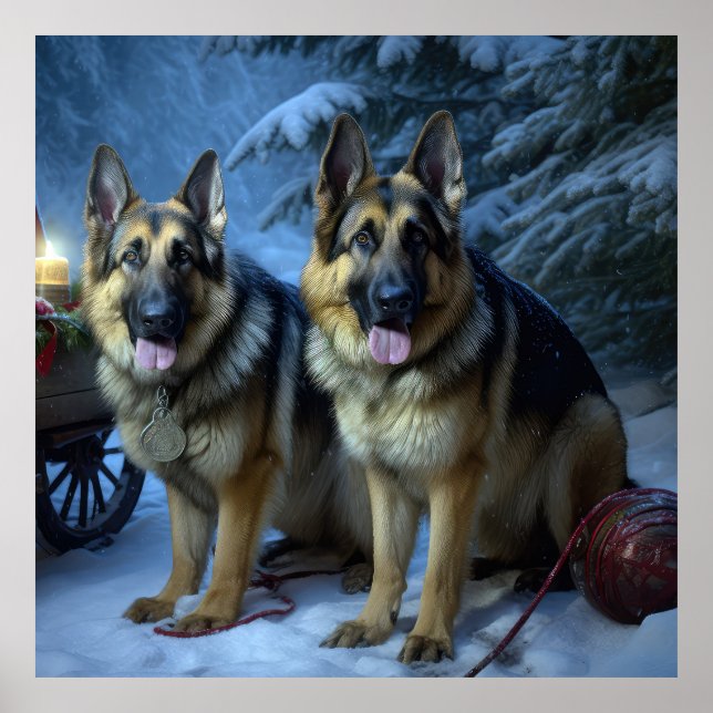 Poster German shepherd Snowy Sleigh Decoração de Natal (Frente)