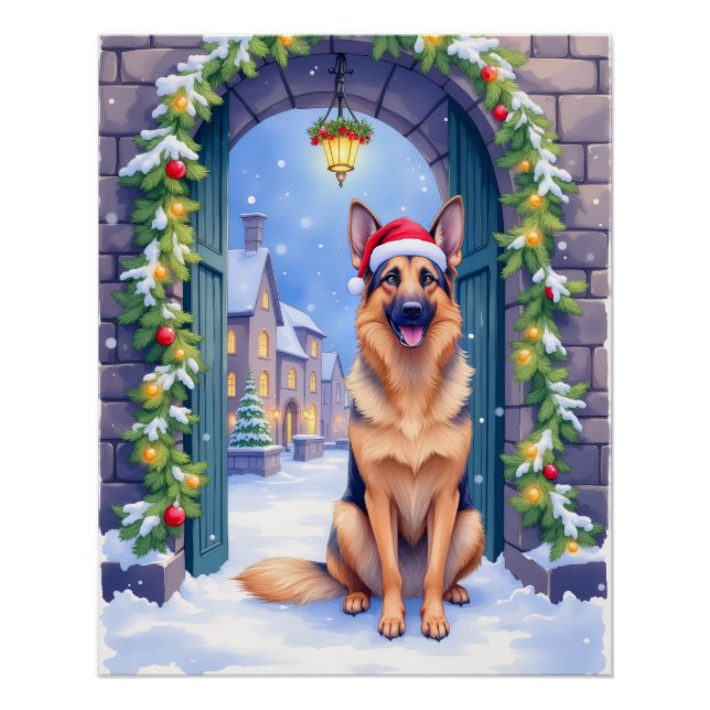 Pôster German Shepherd Snowy Town Gate Santa Christmas (Frente)