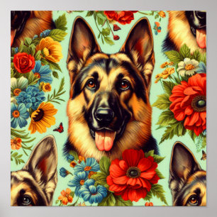Poster German shepherd Vintage Floral