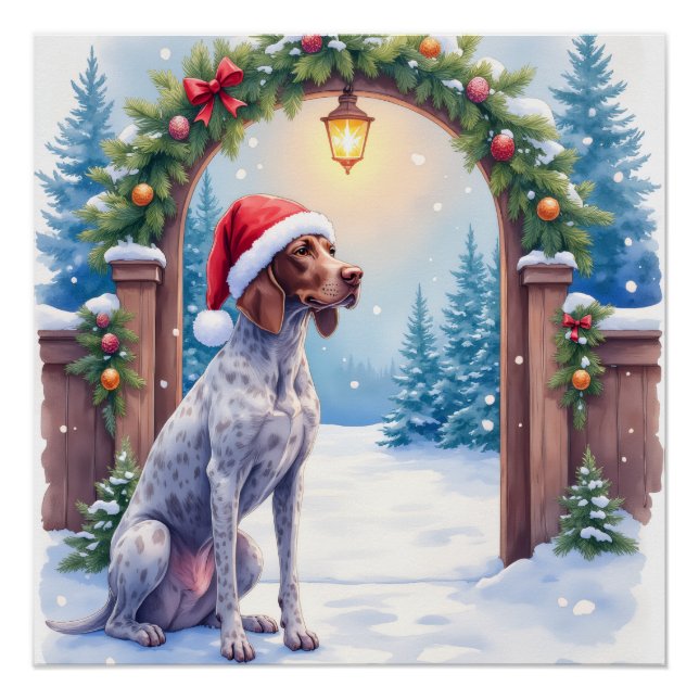 Pôster German Shorthaired Pointer Snowy Gate Santa Hat (Frente)