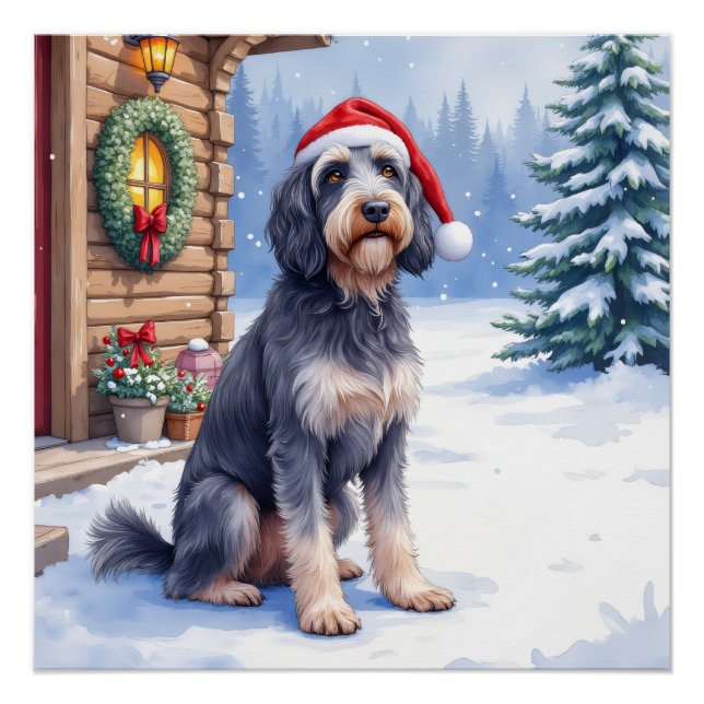 Pôster German Wirehaired Pointer Snowy Lodge Santa Hat (Frente)