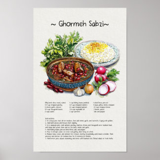 Poster Ghormeh Sabzi Watercolor Illustration, Arte Persa