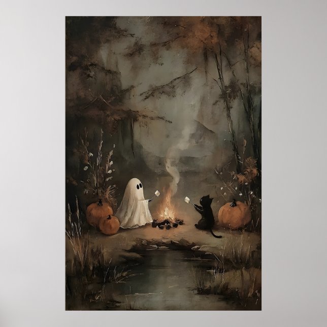Poster Ghost And Black Cat By Campfire With Marshmallows (Frente)