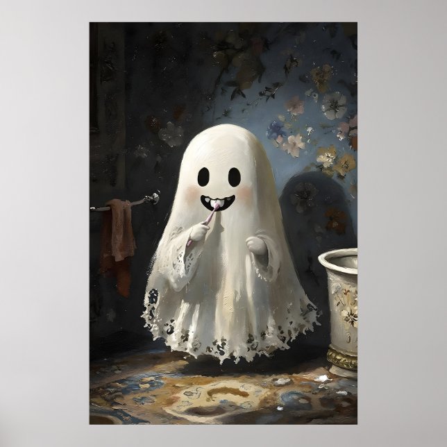 Poster Ghost Brushing Teeth Bathtub Print, Bathroom Dark (Frente)