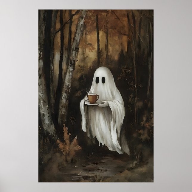 Poster Ghost Drinking Coffee In Fall Forest Print, Ghost (Frente)