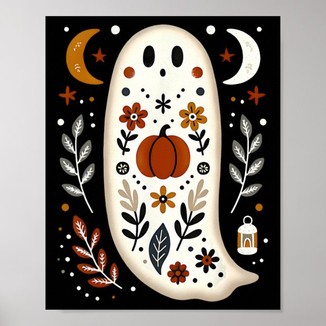 Poster Ghost Folk Art Floral Autumn Fall Pumpkin Spooky H (Frente)