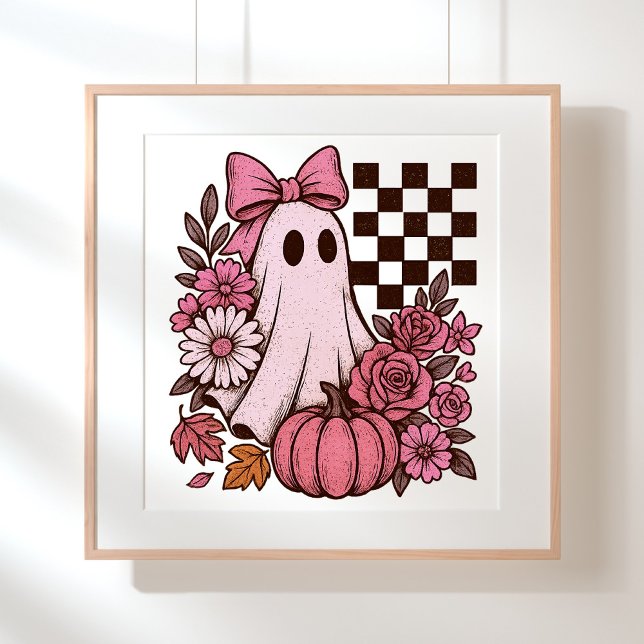 Poster Ghost Girl retrorada cor-de-rosa com Arco Hallowee (This coquette ghost retro Halloween design combines floral sweetness with spooky spirit.)