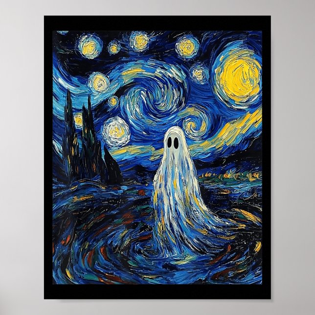 Poster Ghost Halloween - Estilo Van Gogh - Noite Estrelad (Frente)