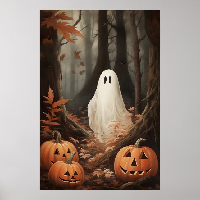 Poster Ghost In Fall Woods With Pumpkins, Dark Academia (Frente)