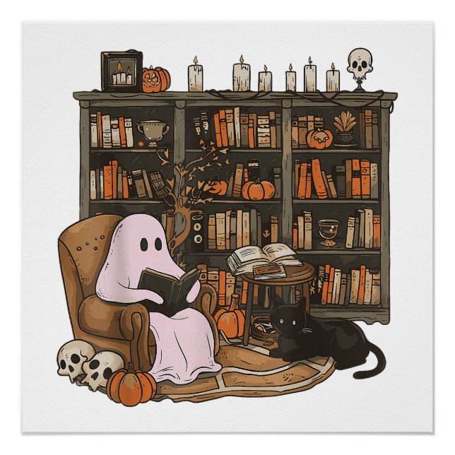 Pôster Ghost Reading Book Cat lover Halloween (Frente)
