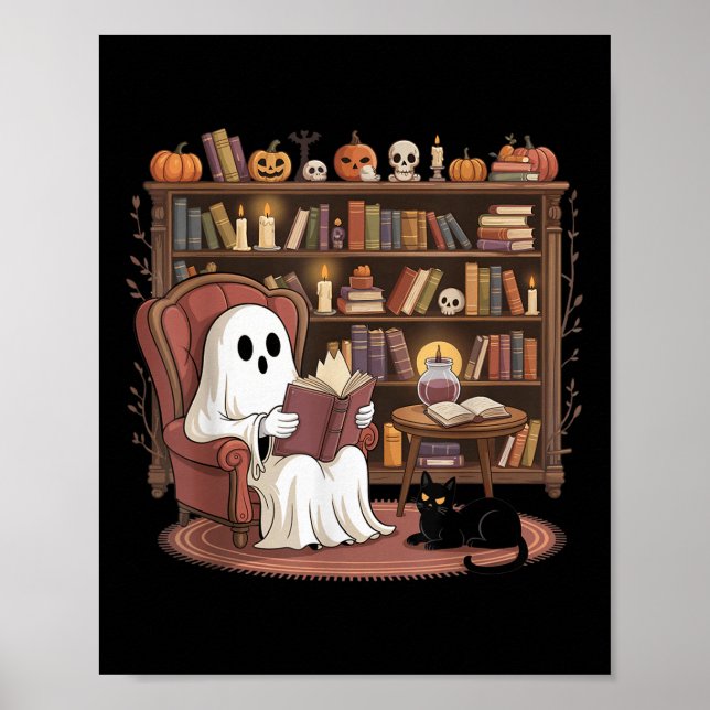 Poster Ghost Reading Book Lovers Halloween Spooky Library (Frente)