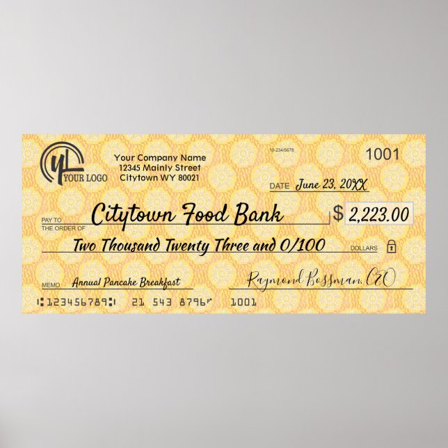 Poster Giant faux presentation check charity bonus prize (Frente)