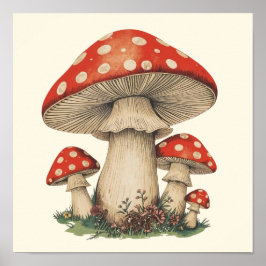 Poster Giant Red Amanita Mushroom Retro - Cottagecore Art
